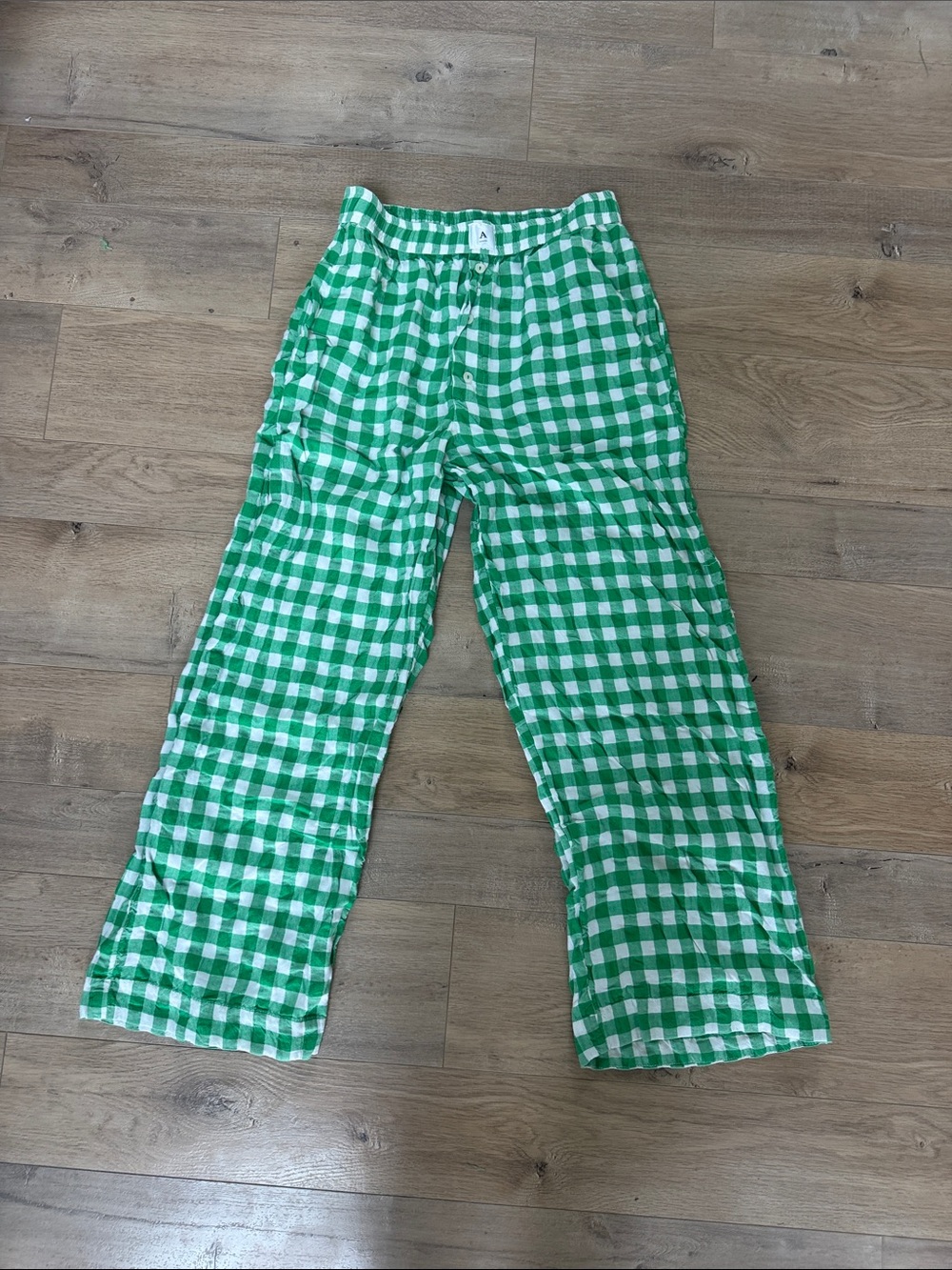 Anthropologie Green and White Gingham Wide-Leg Pants